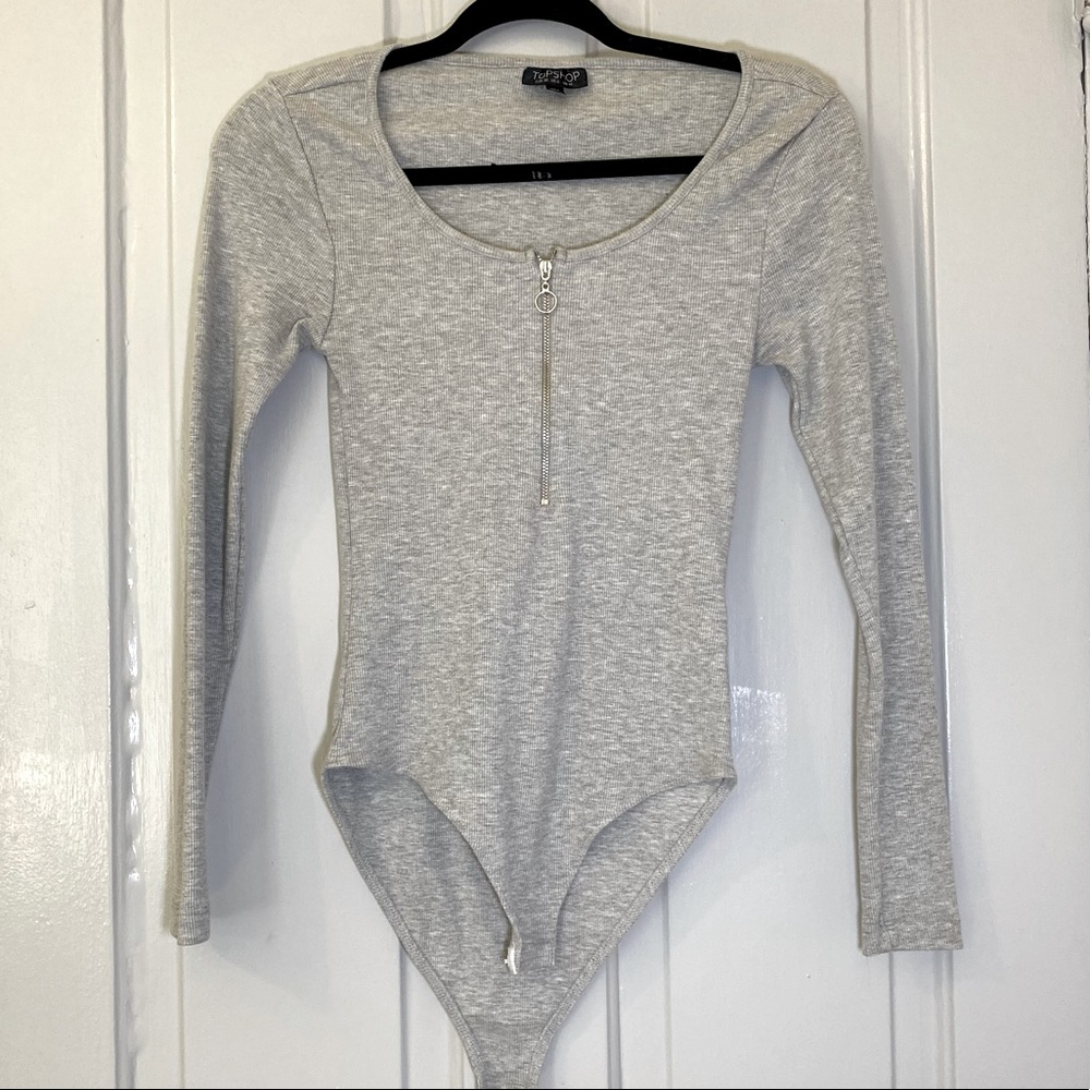 Topshop Quarter Zip Ribbed Long Sleeve Bodysuit